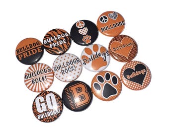 Bulldog, Orange, Black, 1", 1.25", 1.5", 2.25", Button, Bulldog Theme, Bulldog Flatback, Bulldog Pinback, Badge, SM044