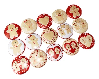 Gingerbread Magnet, 1", 1.25", Button Magnet, Gingerbread Girl, Gingerbread Boy, Xmas Magnet, Christmas Magnet, Red, Beige, Holiday, X015
