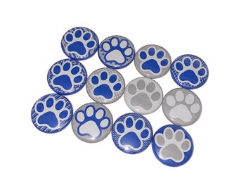Paws, Blue, Gray, White, 1", 1.25", 1.5", 2.25", Button, Blue Paw, Gray Paw, White Paw, Grey Paw, School Colors, Flatback, Pinback, PP028
