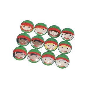 May include: Twelve green and red round buttons with elf faces on them. The elves have different skin tones and hair colors.