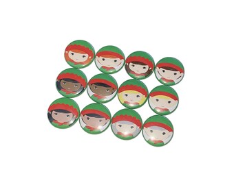 Elf Faces, Red, Green, 1", 1.25", 1.5", 2.25", Button, Elves, Christmas, Elf Theme, Elf Decor, Xmas, Pinback, Flatback, Pin, Badge, X044