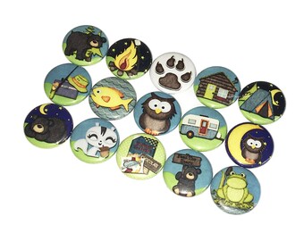Camping, 1", 1.25", 1.5", Button, Owl, Bear, Frog, RV, Tent, Cabin, Bear Paw, Camfire, Fishing, Camping Theme, Pinback, Flatback, Pin, OH002