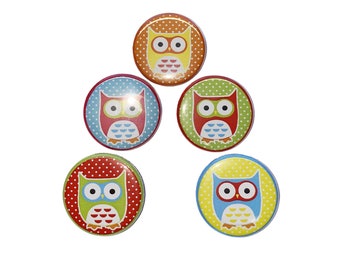 Owl, 1", 1.25", Button, Owl Theme, Green, Yellow, Orange, Blue, Red Owl, Party Favor, Craft Supply, Birthday, Flatback, Pinback, Pin, BR011