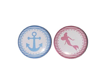Gender Reveal, Nautical, Blue, Pink, 1.25", 1.5", 2.25", Pinback Button, Baby Shower, Baby Reveal, Blue Anchor, Pink Mermaid, VB282, VB205