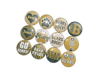 Bears, Dark Green, Gold, 1", 1.25", 1.5", 2.25", Button, Bear Theme, Bear Flatback, Bear Pinback, SM071