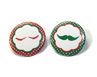 Gender Reveal, Eye Lash, Mustache, 1.25", 1.5", 2.25", Pinback Button, Stash, Baby Reveal, Holiday, Christmas, Red, Green, VB353, VB391