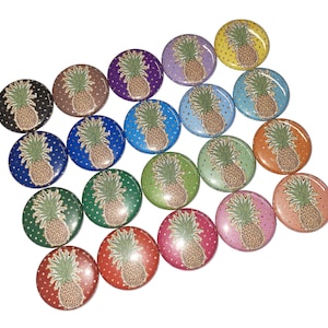 May include: A collection of 18 round pinback buttons featuring a pineapple design on a variety of colored backgrounds. The pineapples are all the same design, with a green top and a yellow body. The backgrounds are a mix of bright colors, including red, orange, yellow, green, blue, and purple.