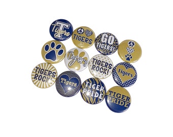 Tigers, Navy Blue, Gold, 1", 1.25", 1.5", 2.25", Button, Tiger Mascot, Tiger Theme, Blue Paw, Party Favor, Flatback, Pinback, Badge, SM062