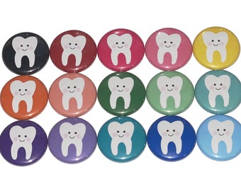 Tooth Magnet, 1", 1.25", 1.5", Button Magnet, Dentist, Dental, Dental Theme, Dental Decor, Oral Hygiene, Teeth, Smile, Party Favor, DT004