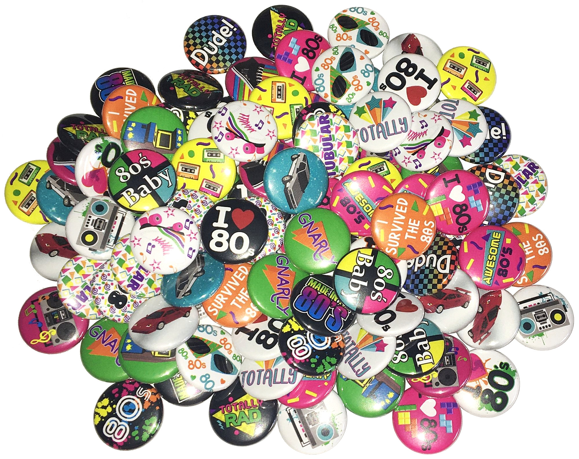 May include: A collection of colorful 80s themed buttons with various designs and slogans, including "I Love 80s", "Totally Rad", "80s Baby", "Gnarly", and "Survived the 80s".
