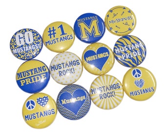 Mustangs, Royal Blue, Yellow, 1", 1.25", 1.5", 2.25", Button, Mustang Theme, Mustang Flatback, Mustang Pinback, SM054