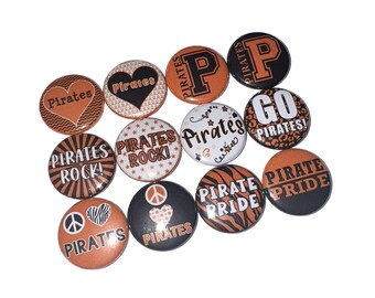 Pirates, Orange, Black, 1", 1.25", 1.5", 2.25", Button, Pirate Theme, Flatback, Pinback, Badge, SM040