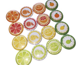 Citrus, 1", 1.25", 1.5", 2.25", Button, Orange, Grapefruit, Lemon, Lime, Fruit Theme, Fruit Decor, Pinback, Flatback, Pin, Badge, FD055
