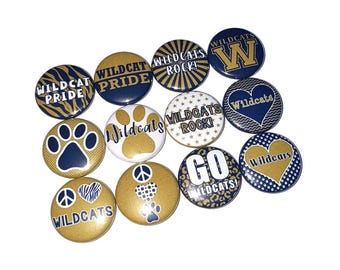 Wildcats, Navy Blue, Gold, 1", 1.25", 1.5", 2.25", Button, Wildcat Theme, Wildcat Decor, Party Favor, Flatback, Wildcat Pinback, SM037