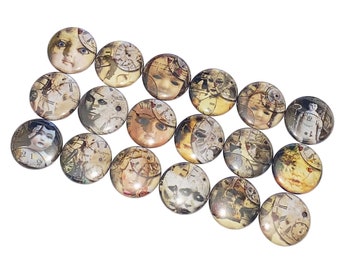 Dolls, Clocks, 1", 1.25, 1.5", 2.25", Button, Doll Face, Mannequin, Steampunk, Time, Scary Doll, Horror, Gadget, Flatback, Pinback, D019