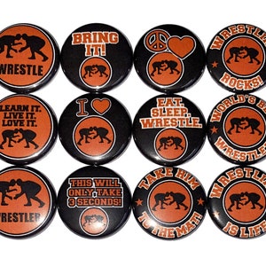 Wrestler Magnet, Black, Orange, 1&quot;, 1.25&quot;, 1.5&quot;, Button Magnet, Wrestling, Wrestler Decor, Wrestling Theme, Gift, Party Favor, Sports, SE025