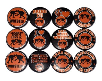 Wrestler Magnet, Black, Orange, 1", 1.25", 1.5", Button Magnet, Wrestling, Wrestler Decor, Wrestling Theme, Gift, Party Favor, Sports, SE025