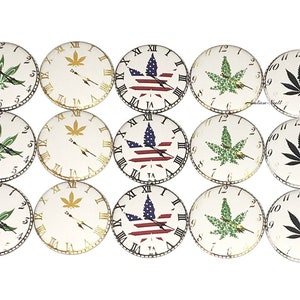 May include: Twelve round, white, clock face cabochons with a black Roman numeral clock face and a green marijuana leaf design.  The designs include a green leaf, a gold leaf, and an American flag leaf.