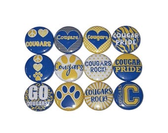 Cougars Magnet, 1", 1.25", 1.5", 2.25", Button Magnet, Blue, Yellow, Party Favor, Cougar Theme, Cougars, SM036