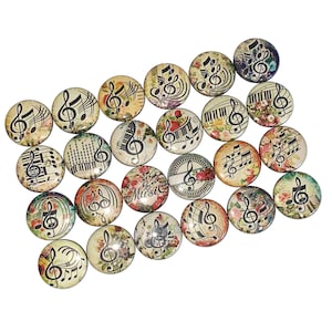 May include: A collection of 20 round, colorful glass cabochons with various musical notes and designs. The cabochons are perfect for crafting projects like jewelry, hair accessories, and scrapbooking.