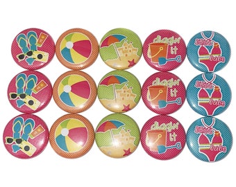 Beach Magnet, 1", 1.25", 1.5", 2.25", Button Magnet, Beach Ball, Flip Flops, Sand Bucket, Bikini, Summer, Party Favor, Swim, SU003