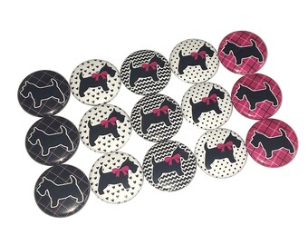Scottie, Dog, Terrier, 1", 1.25", 1.5", 2.25", Button, Scottie Decor, Scottie Theme, Dark Pink Plaid, Flatback, Pinback, Pin, Badge, DG007