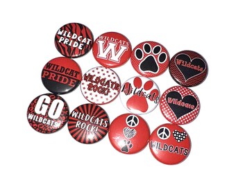 Wildcats, Red, Black, 1", 1.25", 1.5", 2.25", Button, Wildcat Theme, Wildcat Decor, Party Favor, Wildcat Flatback, Wildcat Pinback, SM016