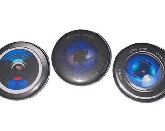 Camera Lens, Photography, 1", 1.25", 1.5", 2.25", Button, Camera Theme, Lens, Photo, Photographer, Camera Flatback, Camera Pinback, CP007