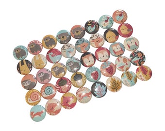 Woodland, Retro, 1", 1.25", 1.5", Button, Fox, Racoon, Bear, Deer, Acorn, Mushroom, Snail, Bird, Craft Supply, Flatback, Pinback, WA004