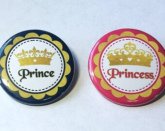 Gender Reveal, Prince, Princess, Black, Pink, 1.25", 1.5", 2.25", Pinback Button, Dark Pink Princess, Black Prince, Crown, VB303, VB335