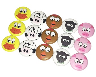 Animal Faces, 1", 1.25", 1.5", Button, Pig Face, Duck Face, Cow Face, Lamb Face, Cow, Barn Theme, Farm Theme, Flatback, Pinback, Pin, A025
