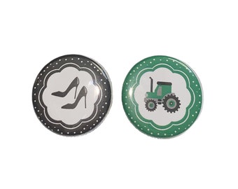 Wheels or Heels, Black, Green, 1.25", 1.5", 2.25", Pinback Button, Green Tractor, Tractor or Heels, Girl or Boy, Gender Reveal, VB227, VB162