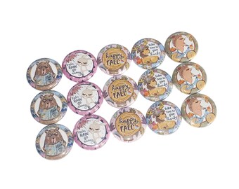 Fall Animals, 1", 1.25", 1.5", 2.25", Button, Bear, Bunny, Hedgehog, Moose, Woodland, Reading, Party Favor, Flatback, Pinback, Pin, WA003
