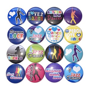 May include: A set of 12 colorful round buttons with various dance-themed designs. The buttons feature phrases like "Love 2 Dance", "Dance Rock", "Jazz Dance", "Rhythm is a Dancer", "Peace Love Dance", and "Dance with Me".