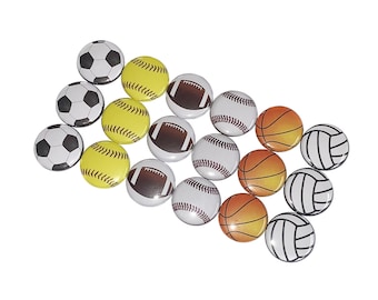 Sports Balls, 1", 1.25", Button, 18 Buttons, Softball, Volleyball, Basketball, Soccer Ball, Football, Baseball, Flatback, Pinback, SE046