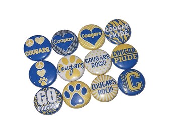 Cougars, 1", 1.25", 1.5", 2.25", Button, Blue, Yellow, Party Favor, Cougar Theme, Flatback, Pinback, Badge, SM036