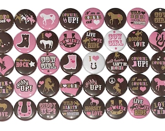 Cowgirl Magnet, Pink, Brown, 1", 1.25", Button Magnet, Horse Magnet, Rodeo Theme, Horses, Party Favor, Rodeo Magnet, Cowgirl Theme, HR005