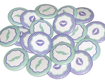 Gender Reveal, Kiss, Lip, Mustache, Lavender, Mint, 1.25", 1.5", 2.25", Pinback Button, Staches, Baby Reveal, Mister, Miss, VB464, VB368