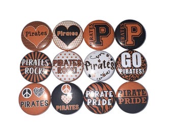 Pirate Magnet, Orange, Black, 1", 1.25", 1.5", 2.25", Button Magnet, Pirate Theme, Party Favor, SM040