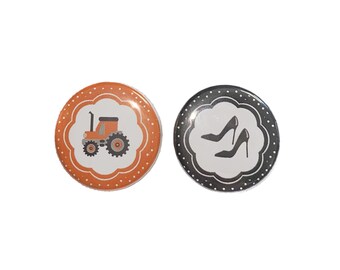 Gender Reveal, Wheels, Heels, Black, Orange, 1.25", 1.5", 2.25", Pinback Button, Orange Tractor, Tractor, High Heel, Girl, Boy, VB263, VB162