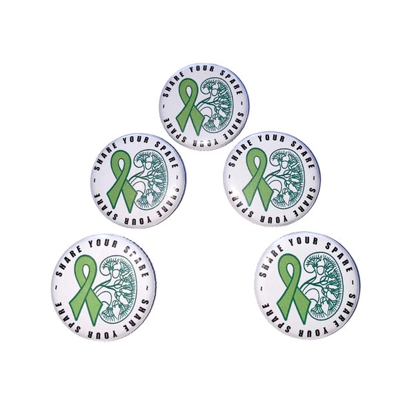 Kidney Donation Ribbon, 1", 1.25", 1.5", 2.25", Button, Green Ribbon, Kidney Donation, Green Ribbon Theme, Flatback, Pinback, CA050