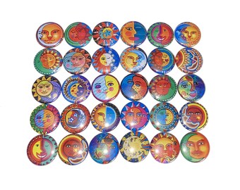 Sun Magnet, Moon Magnet, 1", 1.25", 1.5", 2.25", Button Magnet, Half Moon, Moon Faces, Sun and Moon, Suns, Moon Gift, Night Time, SY012