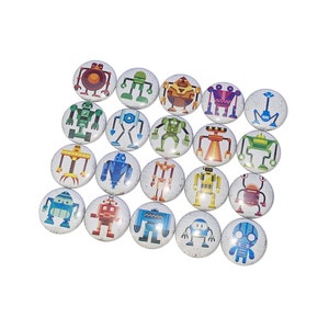 May include: A collection of twenty-one round, white buttons, each featuring a colorful robot design. The robots vary in color and style, with details like antennas, arms, and legs. The buttons are arranged in a rectangular shape.