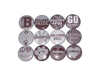 Bulldog Magnet, Maroon, Gray, White, 1", 1.25", 1.5", 2.25", Button Magnet, Bullldog Mascot, Bulldog Theme, SM084