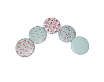 Aqua White Pink Floral, 1", 1.25", 1.5", 2.25", Button, Aqua Decor, Pink Decor, Floral Pattern, Green, Floral, Flatback, Pinback, BK022