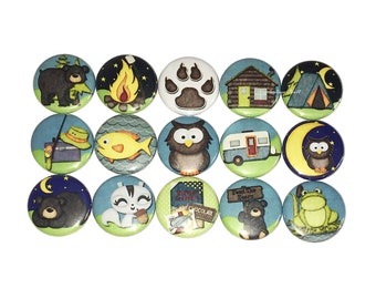 Camping Magnet, 1", 1.25", 1.5", Button Magnet, Tent Magnet, Bear Magnet, Smores Magnet, Campfire, Cabin Magnet, RV Magnet, Fishing, OH002