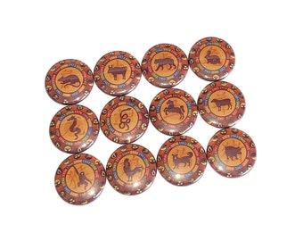 Chinese Zodiac, 1", 1.25", 1.5", 2.25", Button, Horoscope Theme, Zodiac Decor, Horoscope Decor, Horoscope, Flatback, Pinback, Badge, ZP012