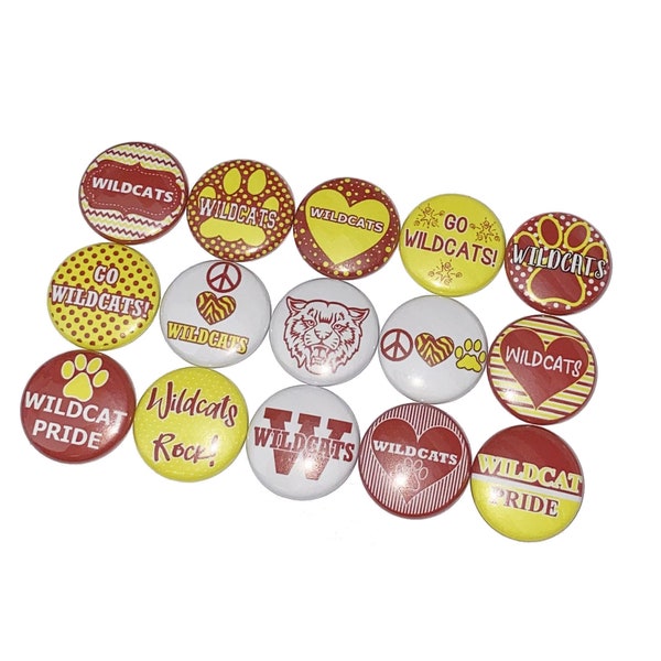 Wildcats, Red, Yellow, 1", 1.25", Button, Wildcat Theme, Wildcat Decor, Wildcat Flatback, Wildcat Pinback, Pin, SM026