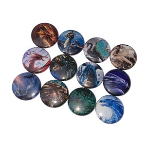 May include: Twelve round buttons with different dragon designs. The buttons are colorful and feature dragons in various poses and colors.