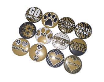 Scotties, Black, Gold, 1", 1.25", 1.5", 2.25", Button, Scotties Theme, Scotties Flatback, Scotties Pinback, SM098